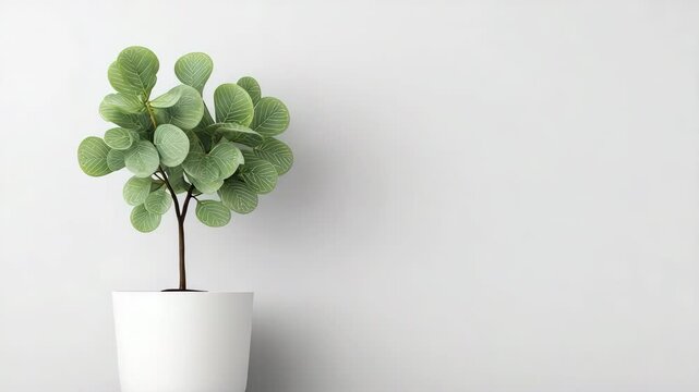 Small green plant with round leaf in white pot on shelf background