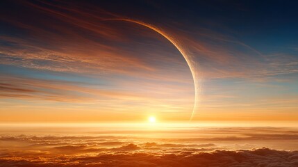 Celestial Dawn: Witness the awe-inspiring beauty of a partial solar eclipse, where the sun's radiant light pierces through the atmospheric haze, casting a surreal glow upon the celestial canvas. 