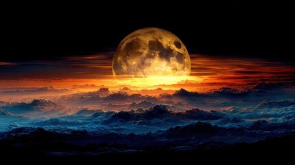 Moonlit Symphony: A breathtaking spectacle unfolds as a luminous full moon casts its ethereal glow upon a sea of clouds, creating a captivating dance of light and shadow against a dramatic.