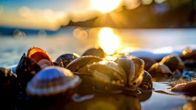 Clam shells and sea snails on the beach, wet sand reflecting sun on warm ocean landscape, idyllic seaside scenery with golden sunset