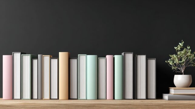 Library of Wisdom: A curated collection of books lines a shelf, alongside a delicate potted plant. Captured in exquisite detail, inviting viewers to explore knowledge and escape.