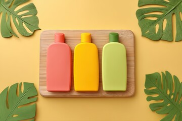 Eco-friendly sunscreen bottles showcased on a wooden surface. Nature-inspired design with vibrant colors.