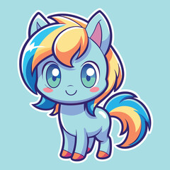 Naklejka premium Cute light blue pony with rainbow mane and tail