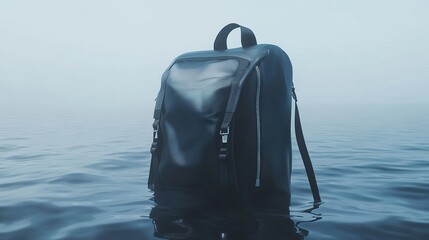 Leather backpack stands in water; misty blue background gives an unreal feel