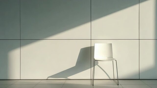 Minimalist white chair with shadow on tiled wall in bright soft light