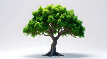 A beautifully rendered tree with lush green leaves and a strong, textured trunk against a white background.