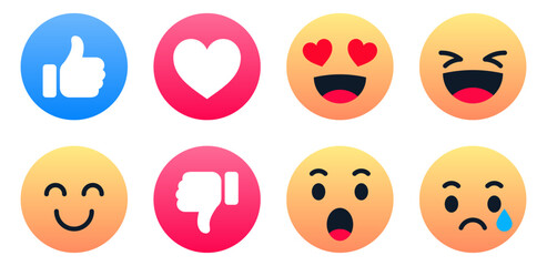 set of emoji reaction icons including like, love, and dislike icons . laugh, cry, sad, wow, heart eyes emojis . vector social media reactions for digital communication, chat apps