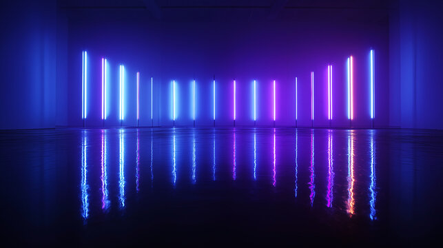 Futuristic neon light installation with vertical blue and purple bars reflecting on a glossy floor, creating a vibrant, immersive atmosphere ideal for tech, design, or nightlife visuals. - Powered by Adobe