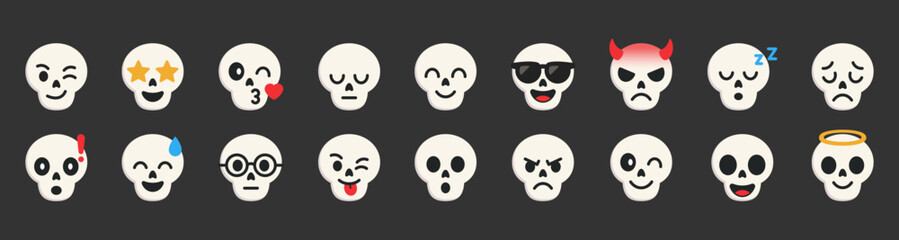 Set of cute skull emojis or emoticons with various facial expressions like happy, sad, angry, cool, wow, sunglasses, star, winking eyes emoji face. perfect for chat stickers