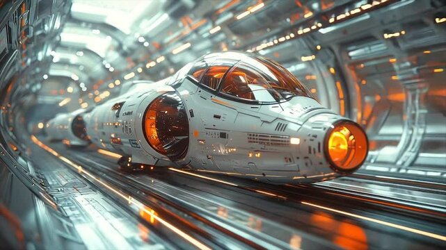 Futuristic spacecraft train in a space station tunne