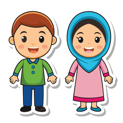 Cartoon boy and girl in traditional clothing
