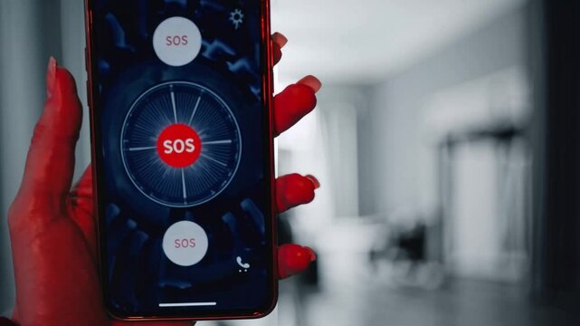 Emergency SOS smartphone alert close-up with blurred danger background