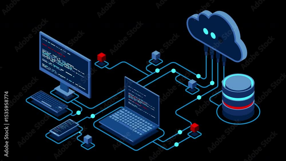 Aufkleber Cloud technology computing animation. Modern cloud technology. Data center isometric concept. Isometric cloud technology with datacenter. Web hosting concept. Transparent background with alpha channel