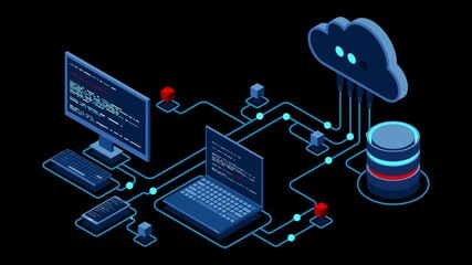 Cloud technology computing animation. Modern cloud technology. Data center isometric concept. Isometric cloud technology with datacenter. Web hosting concept. Transparent background with alpha channel - Powered by Adobe