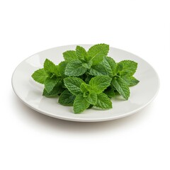 Fresh green mint leaves are displayed on a white plate against a white background in this studio shot