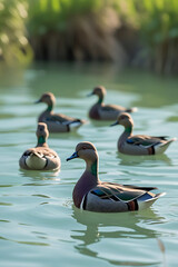 Obraz premium Group of colorful mandarin ducks swimming in calm water