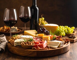 Gourmet cheese and charcuterie board with wine