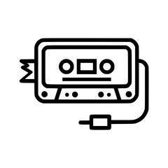 Obraz premium Black and white line art illustration of a cassette tape player with a cord and exposed tape.