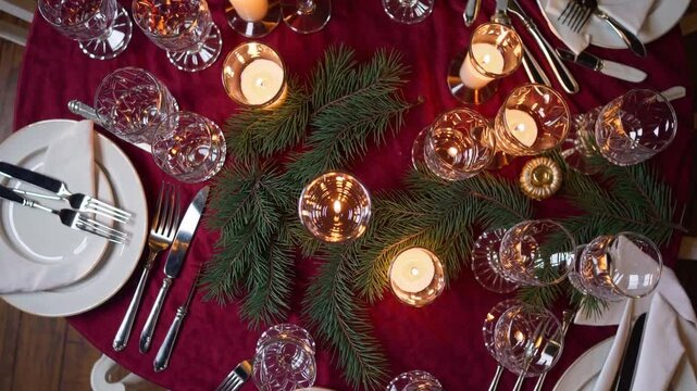 Candlelit Holiday Dinner with Crystal Glasses.
