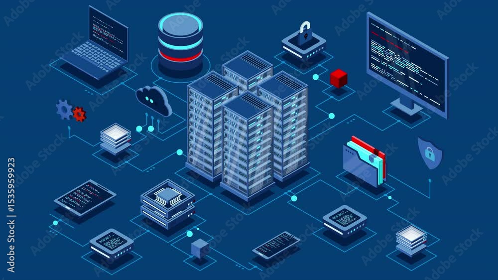 Poster Isometric computer technology animation. Computation of big data center. Cloud computing. Online devices upload and download information. 4K video animated in isometric style