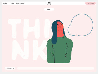 Thinking people, modern flat vector concept illustration- woman standing thoughtfully, looking upwards, bubble near head Metaphor for reflection, analysis, introspection, contemplation, deep thought