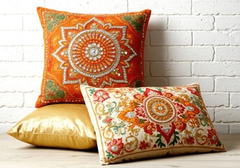 Embroidered decorative throw pillows isolated on white background