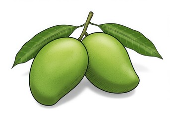 Two green mangoes with leaves isolated on white background