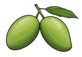 Two green mangoes on branch isolated on white background