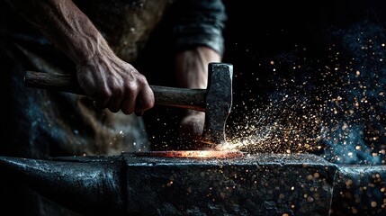 A blacksmith works with hammer and anvil, creating sparks from hot metal.