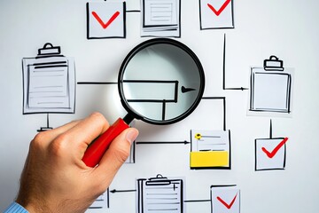 Hand holding magnifying glass over a complex flowchart with checkmarks and documents