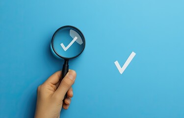 Hand holding magnifying glass with checkmark;  blue background