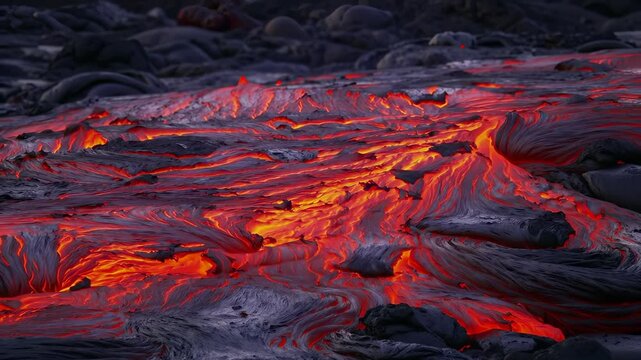 Molten lava flows, creating vivid patterns of red and orange across a volcanic landscape, radiating intense heat and light.