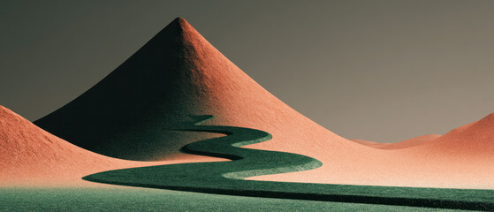 Sustainable path to success winds through serene desert landscape under clear sky creating peaceful and inspiring scene.
