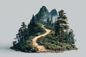 Sustainable path to success winds through lush green forest and rocky mountain peaks creating serene and inspiring natural journey.