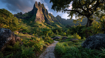 Sustainable path to success winds through lush green forest and rocky terrain beneath towering mountain peaks under dramatic sky.