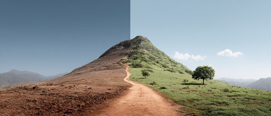 Sustainable path to success is shown by dirt road leading up mountain with contrasting dry and green landscapes under clear sky.