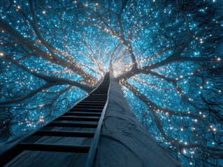 Climbing ladder toward sustainable future shines bright with glowing blue lights on tree branches in magical night scene.