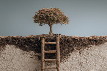 Climbing toward sustainable future is symbolized by wooden ladder leading up to healthy tree growing on rich soil under clear sky.