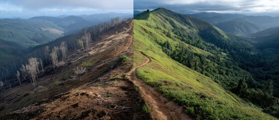 Sustainable path to success is shown by mountain ridge dividing barren land and lush green forest under cloudy sky.