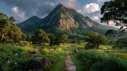 Sustainable path to success is shown by winding trail leading through lush green fields toward majestic mountain under dramatic sky.