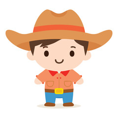 Fototapeta premium Cartoon illustration of a charming little cowboy with a friendly smile wearing a cowboy hat and standing confidently.