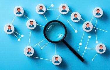 Network of connected icons, a magnifying glass centers the group