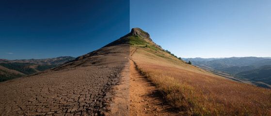 Sustainable path to success is shown by contrast of dry cracked earth and lush grass on mountain trail under clear blue sky.