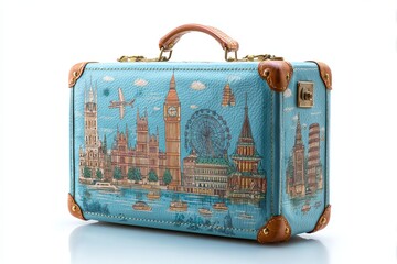Vintage London Skyline Suitcase Travel Bag Retro Design Hand Luggage Stylish Blue Leather Carry On Painted Cityscape Antique Airplane Unique Accessory big ben art trip wheel tower 