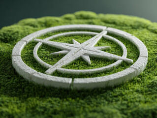 Navigating business growth with sustainable strategy is symbolized by white compass lush green grass representing direction and eco friendly.