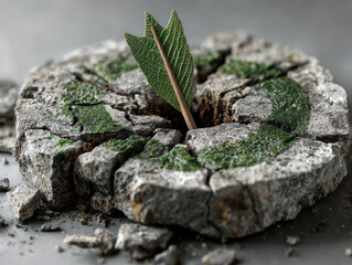 Sustainable business goals are powered by renewables symbolized by green leaf growing through cracked concrete with moss on surface.