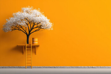 Climbing toward sustainable future is symbolized by white blossoming tree on platform with ladder against bright orange wall.