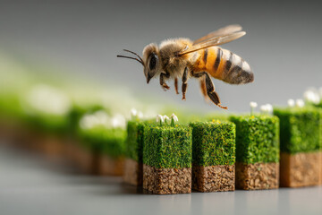 Bee flying over green moss cubes with small white flowers symbolizing business and sustainability in nature.