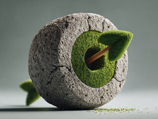 Sustainable business goals are powered by renewables symbolized by green arrow made of moss hitting stone target with natural energy.