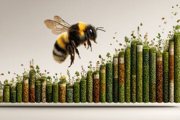 Sustainability in business is symbolized by bee flying over green plant columns representing growth and environmental balance in natural setting.